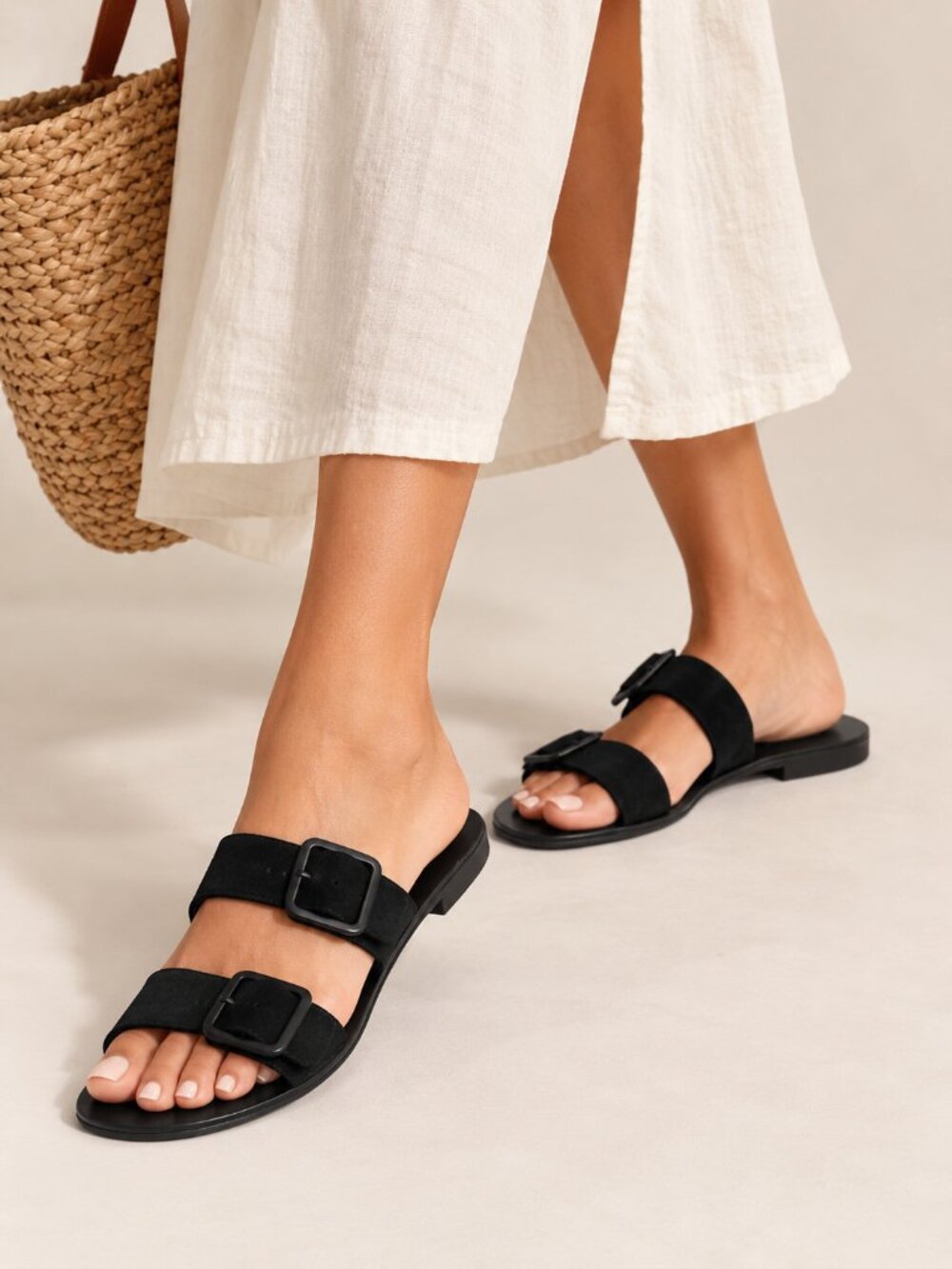 Everlane Black Suede Double Buckle Slide Sandals Size 9